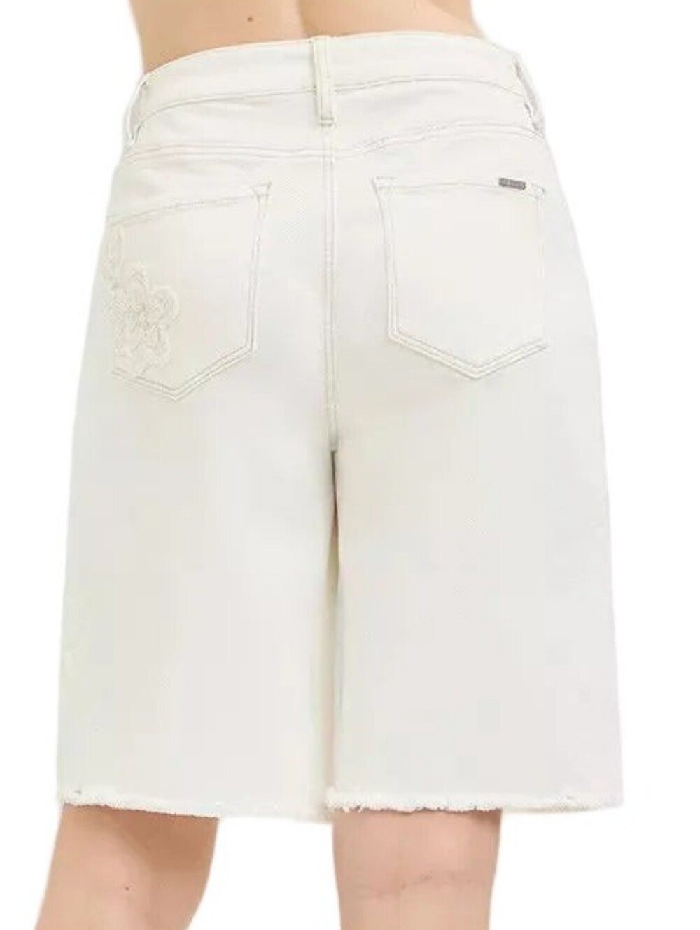 Risen Floral Embroidered Relaxed Fit Bermuda Baggy Jorts Long Cream Denim Shorts - Picture 10 of 13